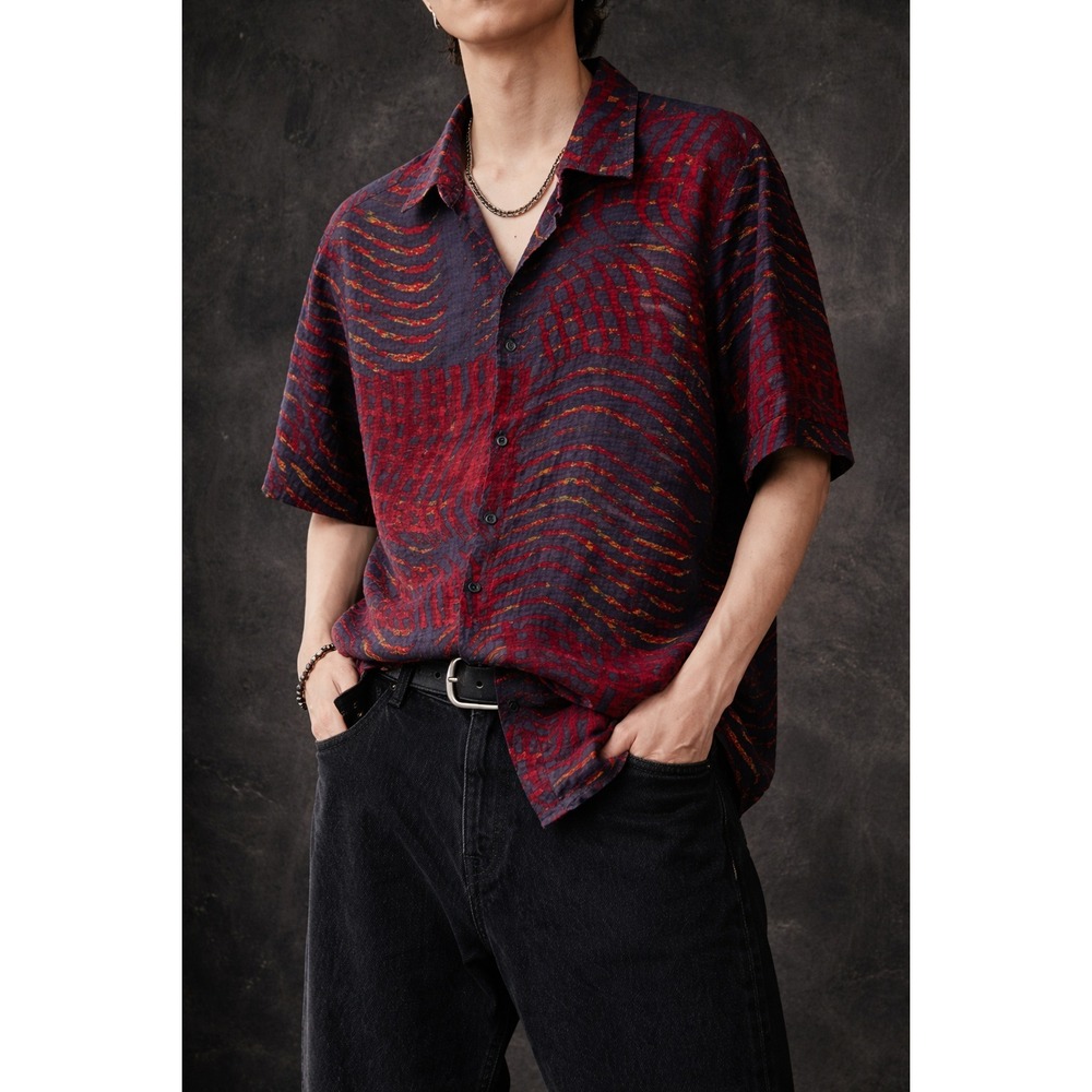 Abstract Red & Navy Pattern Button Up Shirt XL Y2K Streetwear Artsy Boxy